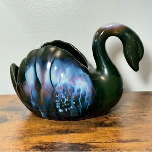 Vintage Pottery Swan Planter Vase Green Multi Colour Drip Glaze Canada 5.5”x8”